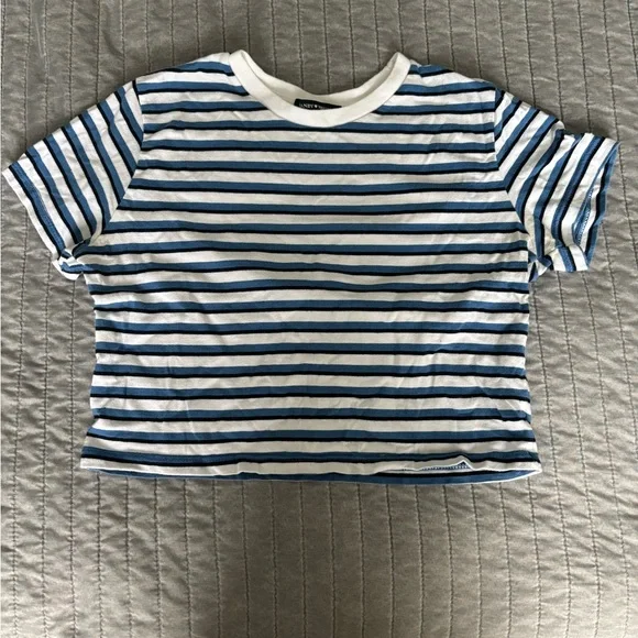 Brandy Melville Navy and White Striped Cropped Tee - Picture 1 of 3